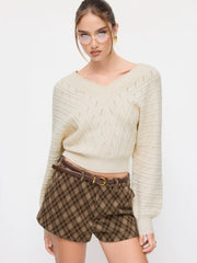 Knit V-neck Long Sleeve Hollow Out Cinched Waist Top