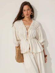 Linen-blend V-neck Drawstring Puff Middle Sleeve Oversized Blouse