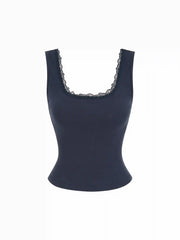 High Stretch Cotton-blend Scoop Neckline Lace Trim Tank Top