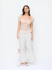Cotton-blend Mid Rise Lace Trim Ruffle Wide Leg Trousers