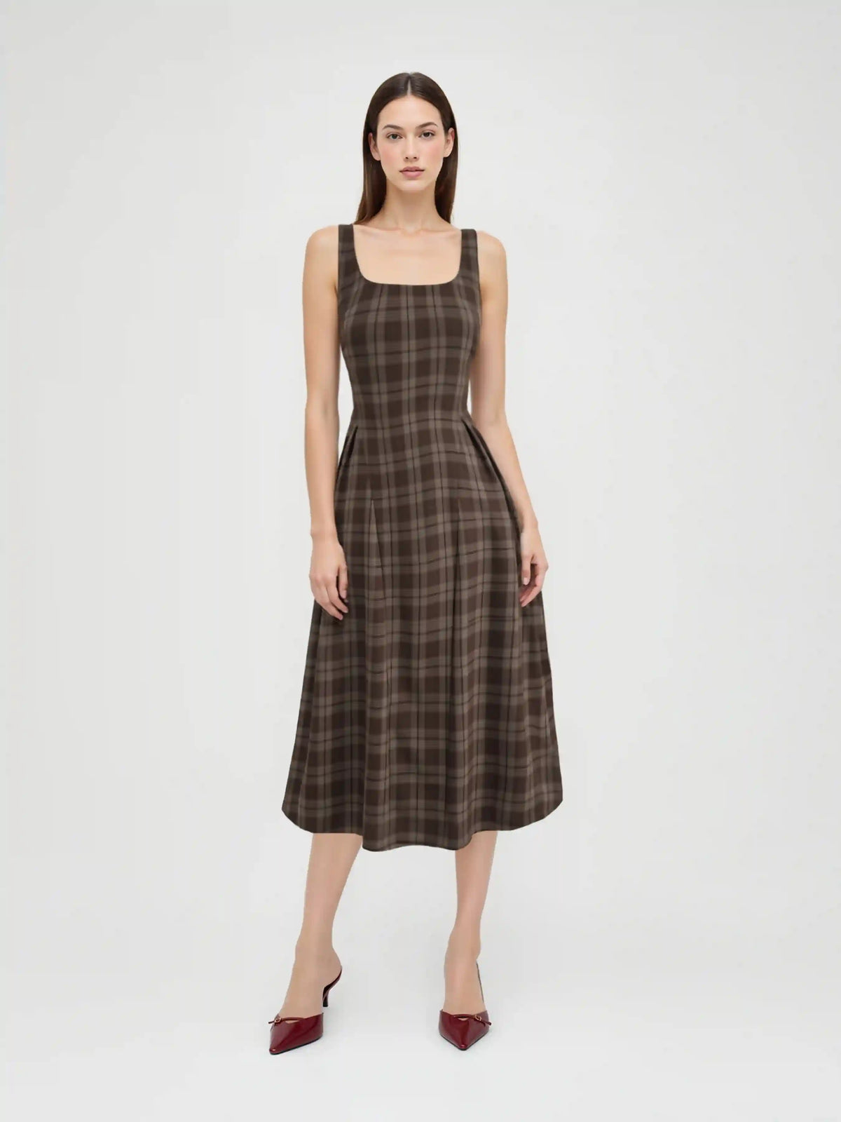 Square Neck Check Pleated Zipper Maxi Dress