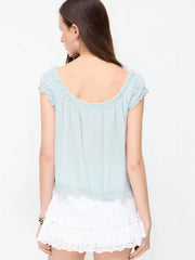 Textured Scoop Neck Drawstring Lace Trim Oversized Top