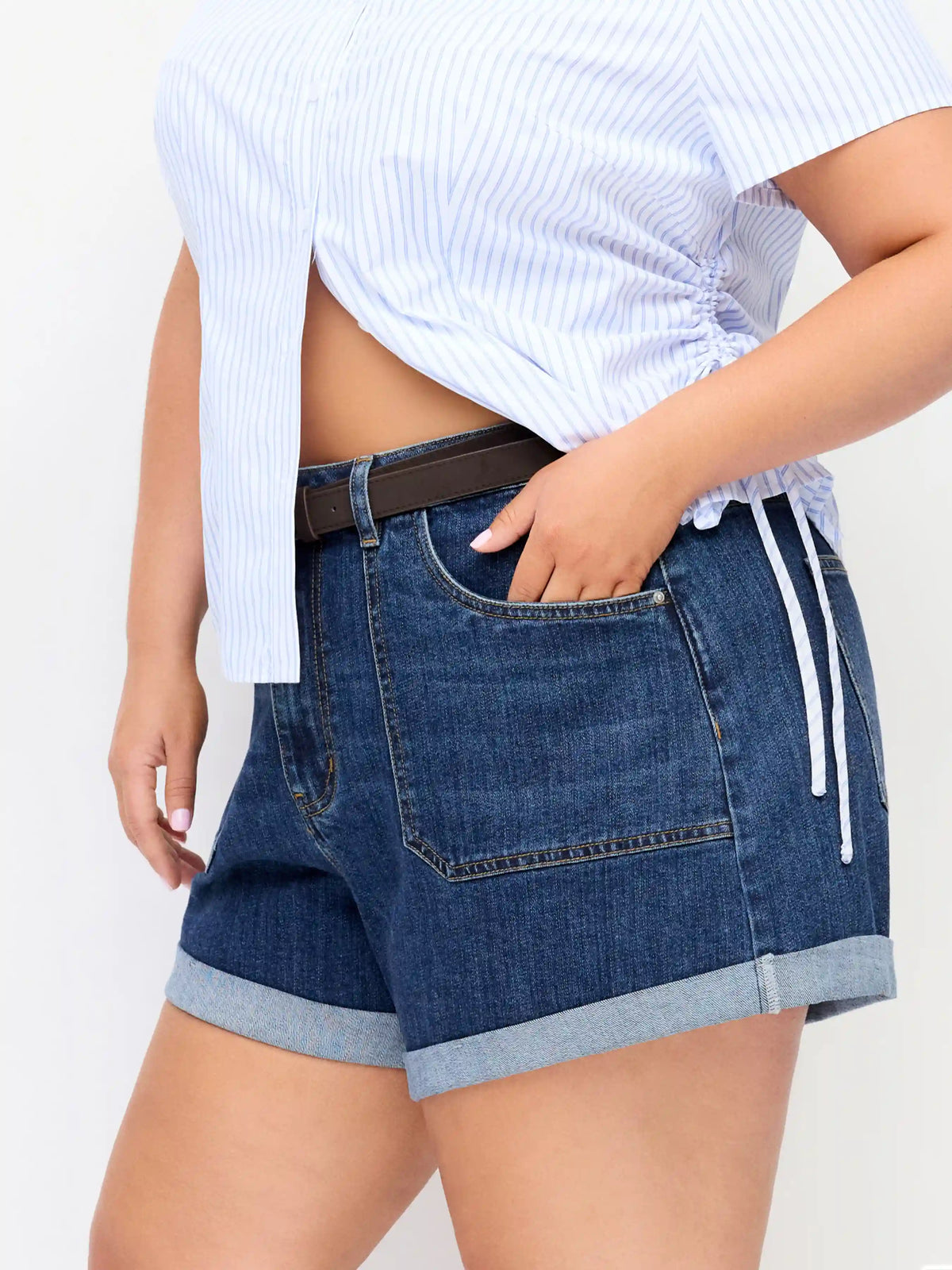 Stretch Denim Washed Mid Rise Roll Hem Shorts With Belt Curve & Plus