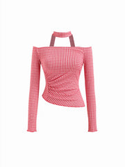 Gingham Off-shoulder Long Sleeve Ruched Asymmetrical Hem Top With Scarf