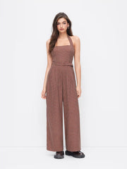 Halter Neckline Houndstooth Wide Leg Jumpsuit With Belt