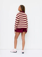 Cotton-blend Stripe Polo Neck Long Sleeve Oversized Sweatshirt