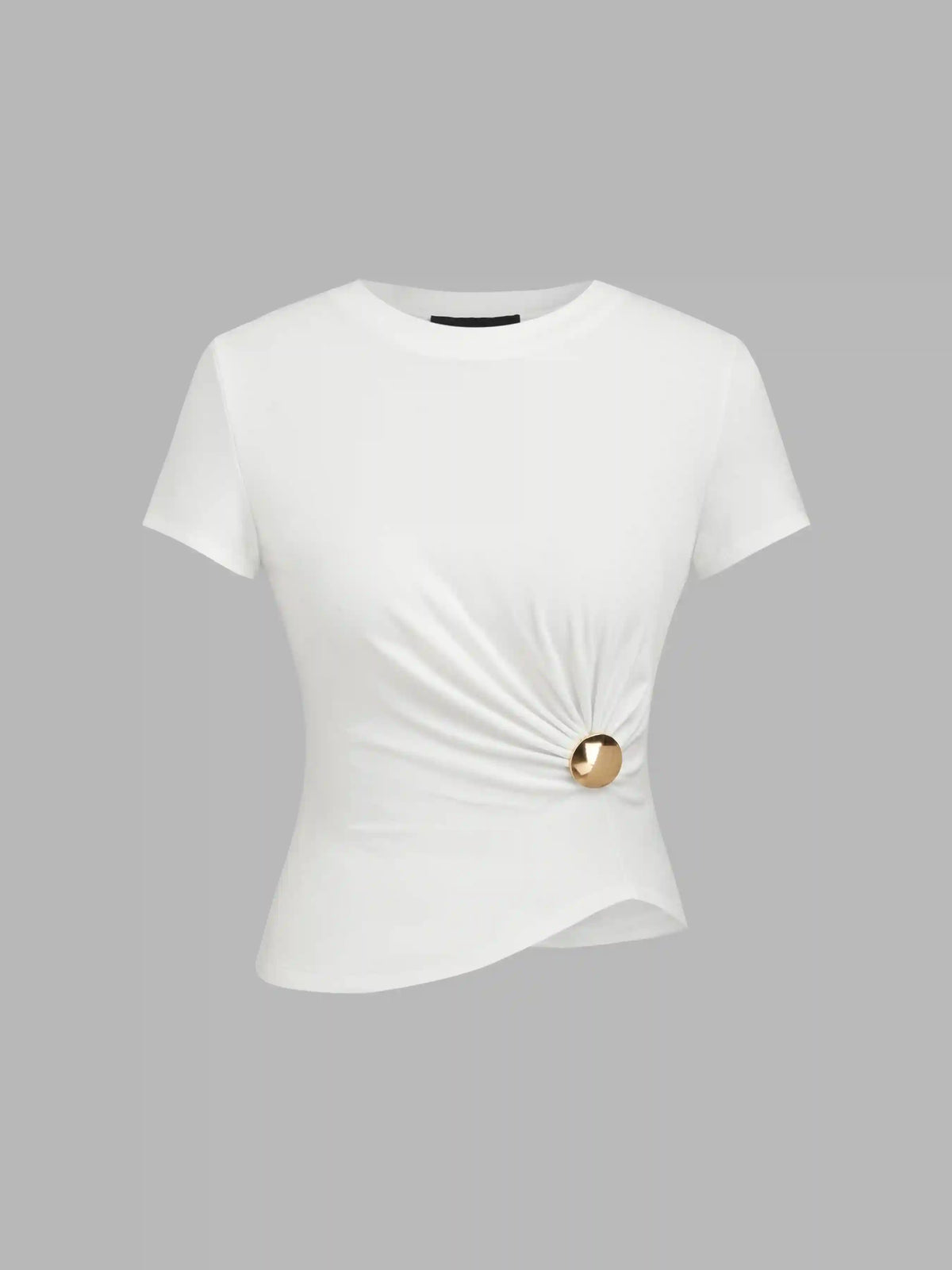 Round Neckline Ruched Button Short Sleeve Tee