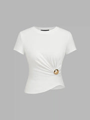 Round Neckline Ruched Button Short Sleeve Tee