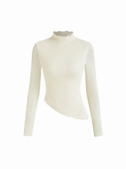 Textured Stand Collar Lettuce Trim Asymmetrical Hem Tee