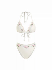 Floral Lettuce Trim Embroidery Halter Neck Triangle Bikini Set
