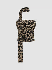Leopard Print Ruched Tube Top With Scarf