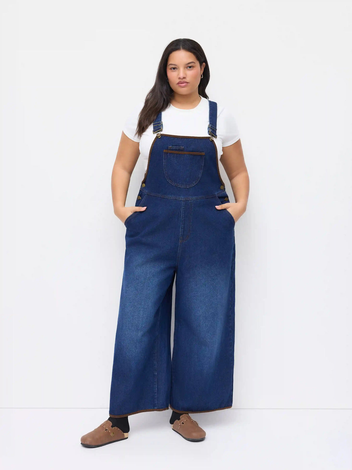Denim Contrasting Binding Buckle Up Wide Leg Overall Curve & Plus