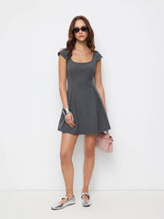 Woven Square Neck Pleated A-line Mini Dress
