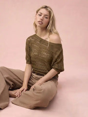 Knit Asymmetrical Neckline Middle Sleeve Top