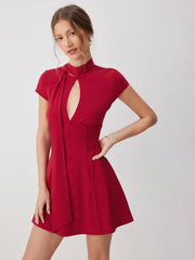 High Stretch Solid Stand Collar Cut Out A-line Mini Dress With Scarf