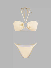 V-neck Solid O-Ring Halter Cheeky Bikini Swimsuit With Cover Up Beach Skirt