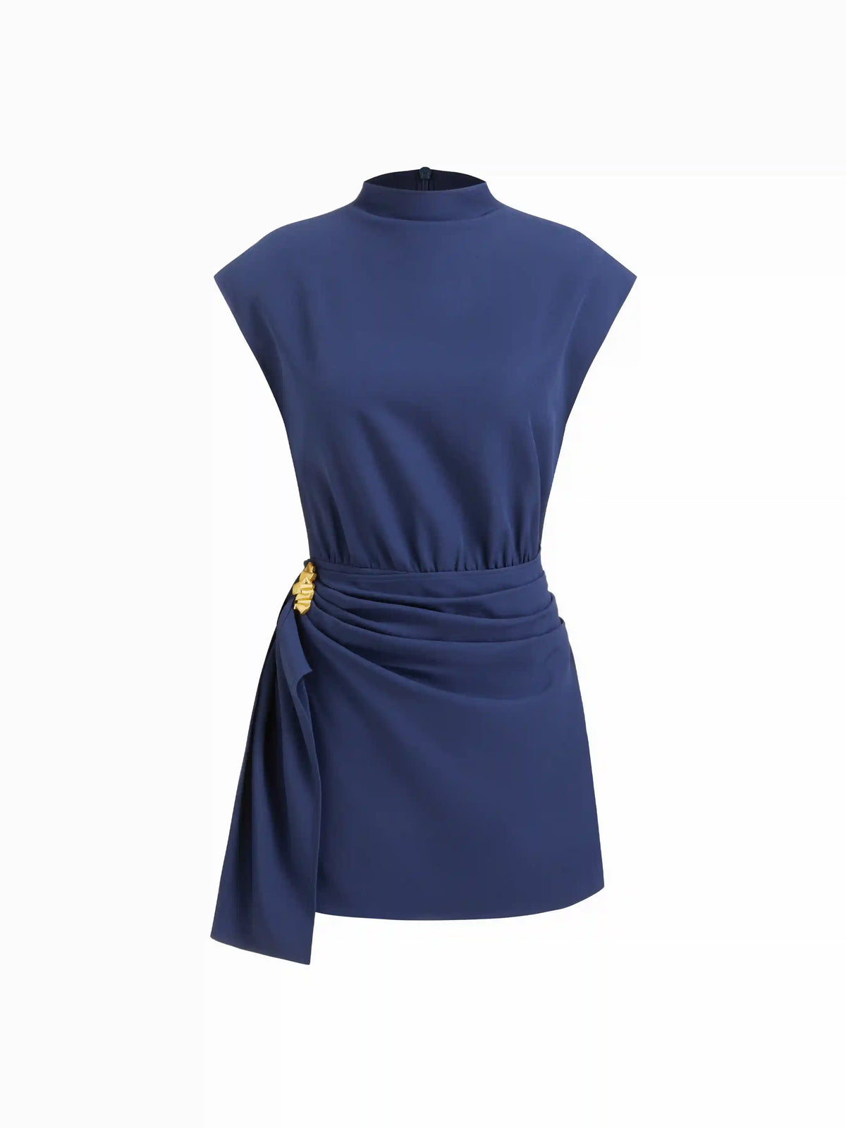Stand Collar Draped Metal Decor Drawstring Romper