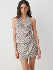 Plaid Halter Neckline Draped Straight Mini Dress