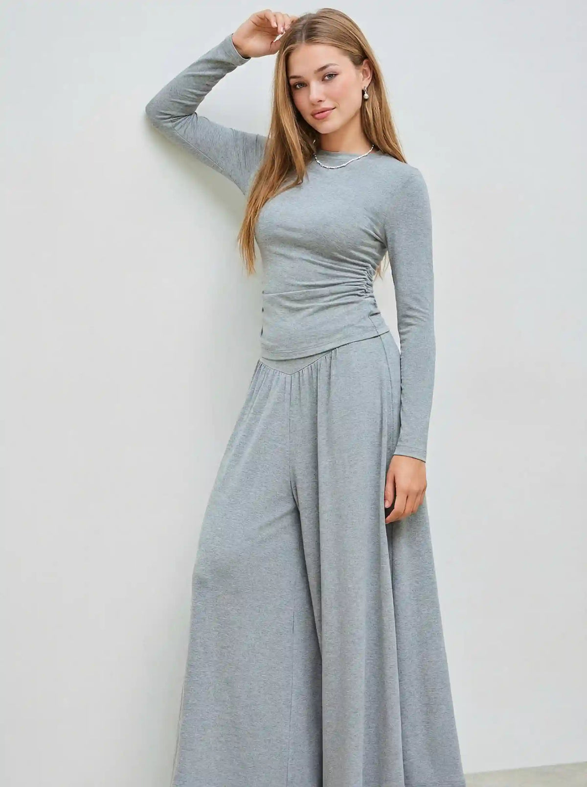Round Neckline Solid Ruched Long Sleeve Top & Mid Rise Ruffle Hem Trousers Set