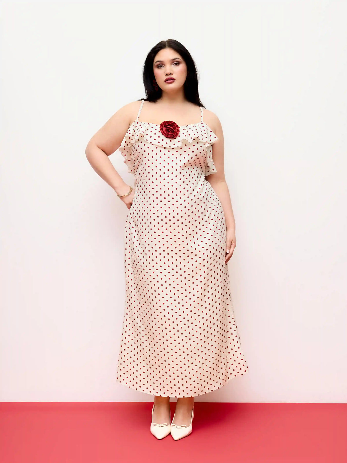 Satin Polka Dot V-Neck Ruffle Maxi Dress Curve & Plus