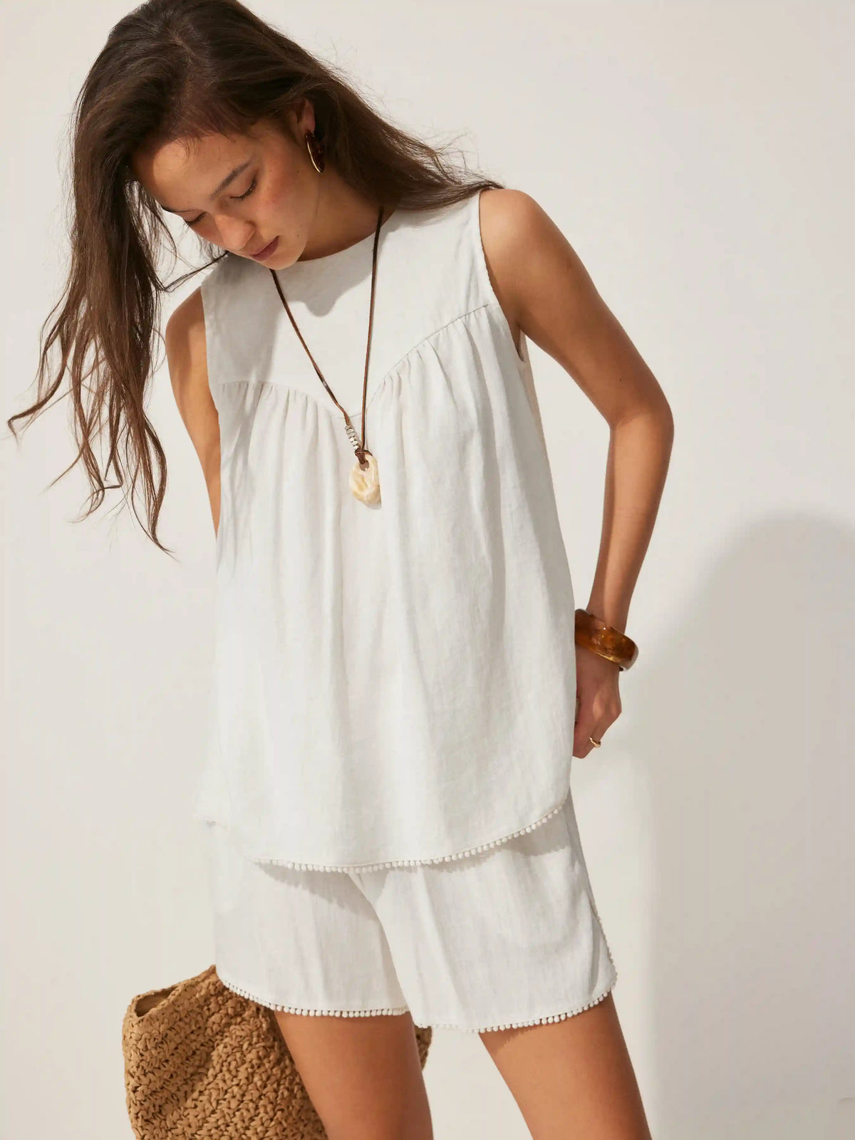 Boat Neck Ruched Sleeveless Top & Mid Rise Wide Leg Shorts Set