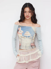Cotton-blend Off-shoulder Rabbit Graphic Striped Patched Long Sleeve Tee