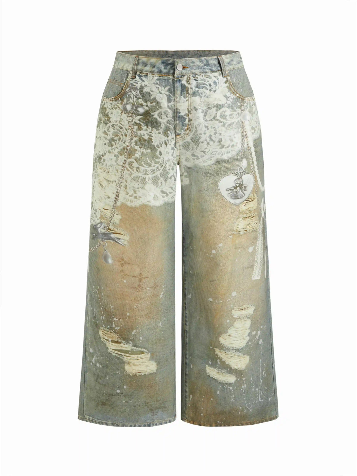 Denim Low Rise Lace Graphic Ripped Wide Leg Jeans Curve & Plus