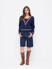 Knit V-neck Long Sleeve Striped Trim Oversized Top