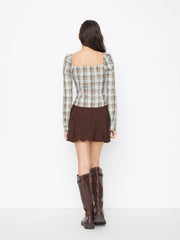 U-neckline Plaid Cinched Waist Ruched Knotted Long Sleeve Blouse