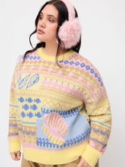 Knit Fish & Shell Pattern Colorblock Long Sleeve Sweater Curve & Plus