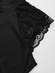 Stand Collar Floral Lace Patched Short Sleeve Top