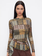 Mesh Stand Collar Long Sleeve Checks Ruffle Floral Top