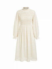 Textured Stand Collar Shirred Lantern Sleeve Maxi Dress