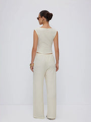 Textured V-neck Vest & Mid Rise Drawstring Wide Leg Trousers Set