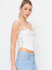 Cotton-blend Sweetheart Floral Embroidery Bowknot Cami Top