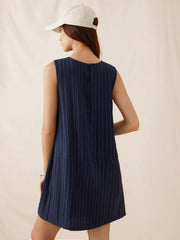 Woven Striped Buttons Sleeveless A-line Mini Dress