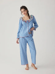 Cotton-blend Floral Scoop Neckline Gingham Top & Straight Leg Trousers Loungewear Set