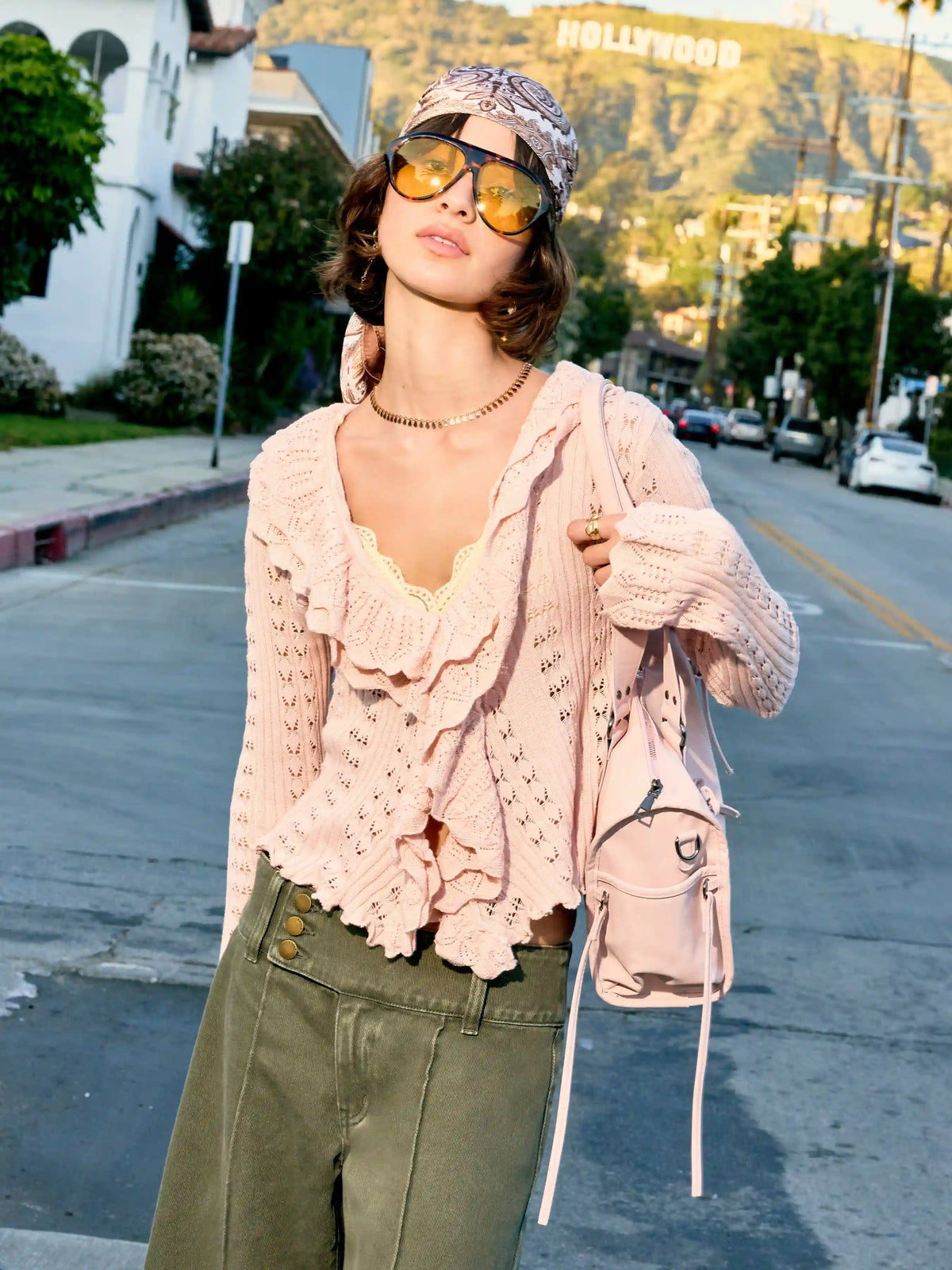 Knit Bell Sleeve Ruffled Hem Knotted Hollow Out Cardigan