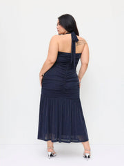 Mesh Halter Neckline Glitter Ruched Tulle Maxi Dress Curve & Plus