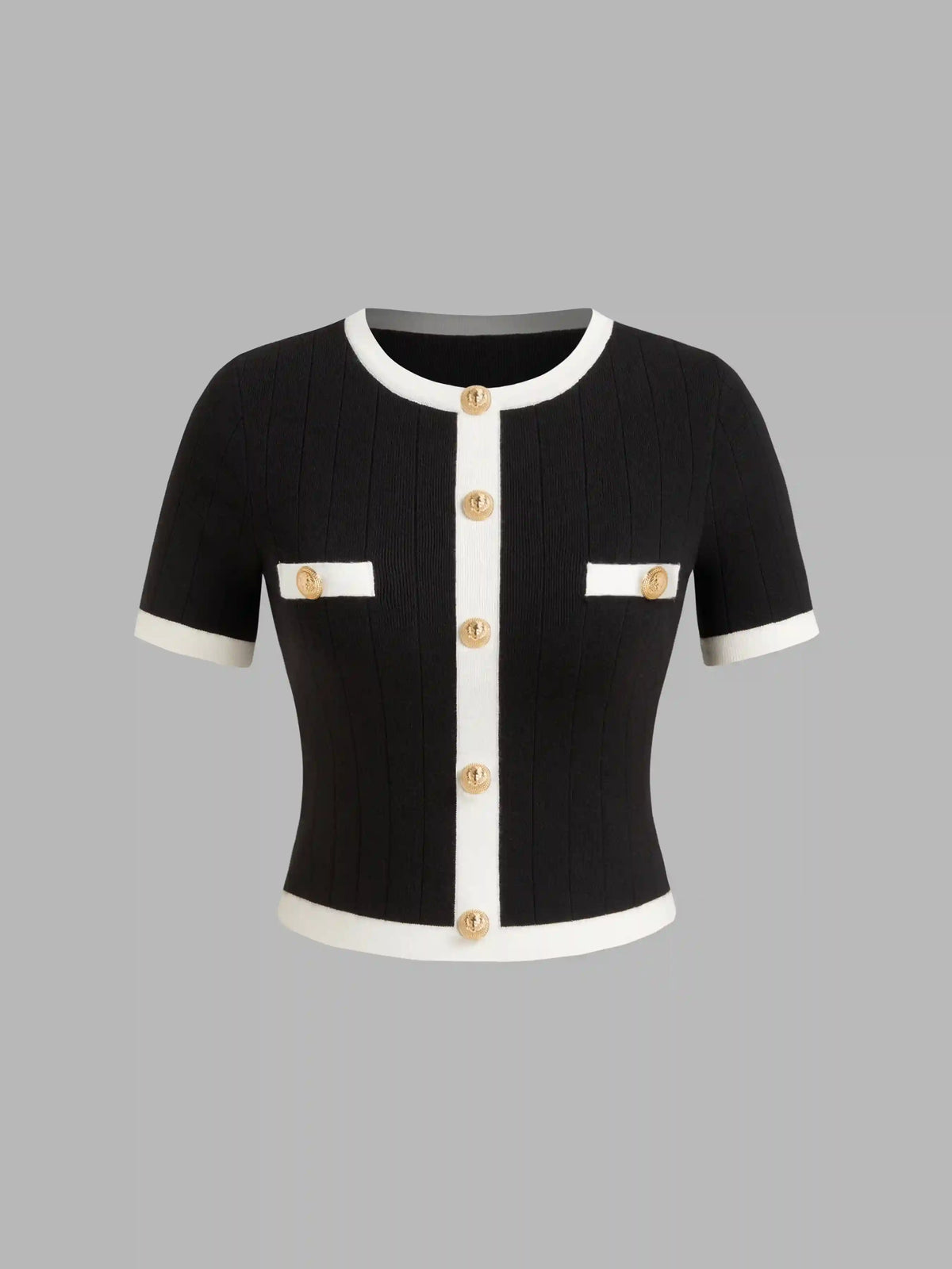 Knitted Round Neck Contrasting Binding Short Sleeve Top