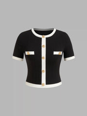 Knitted Round Neck Contrasting Binding Short Sleeve Top