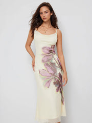 Mesh Floral Cowl Neck Mermaid Maxi Dress