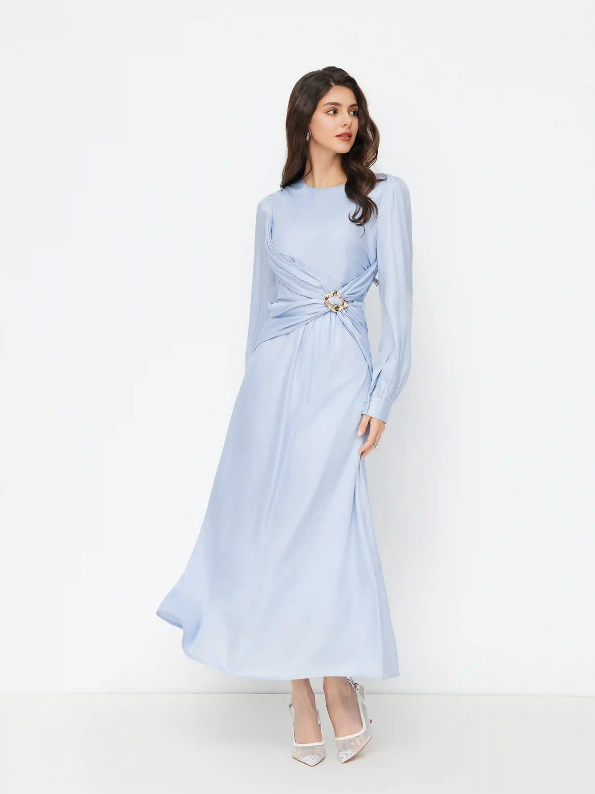 Round Neckline Lantern Long Sleeve Metal Button Ruched Maxi Dress