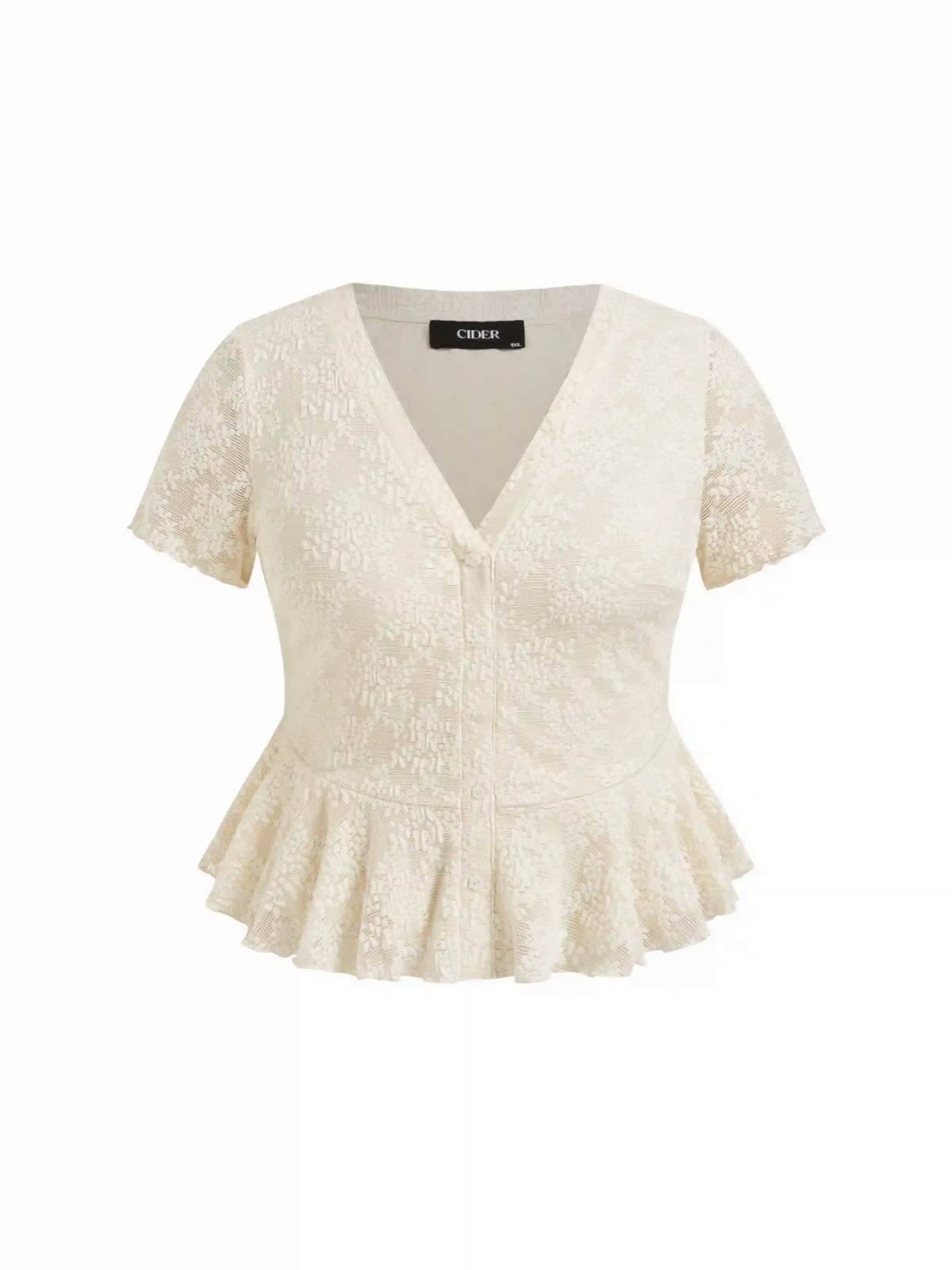 Lace V-neck Short Sleeve Button Front Ruffle Hem Blouse Curve & Plus