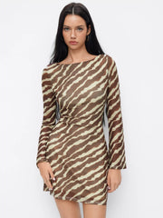 Boat Neck Zebra Stripe Bell Sleeve Mini Dress