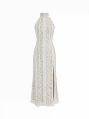 Lace Stand Collar Scarf Neck Split Backless Maxi Dress