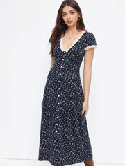 Floral V-neck Short Sleeve Lace Trim Button Maxi Dress