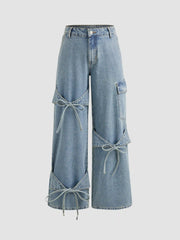 Cider Denim Low Rise Solid Bowknot Pocket Wide Leg Jeans