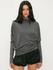 Jersey Striped Turtleneck Batwing Sleeve Oversized Sweatshirt