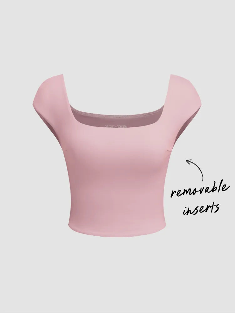 U-neckline Solid Active Short Sleeve Top With Removable Padding